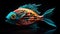 AI-generated illustration of a vivid, multicolored fish sculpture on a stark black background