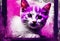 AI generated illustration of a vivid oil painting of a playful cat with a bright purple background