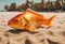 AI generated illustration of A vivid orange fish  resting on the sandy surface