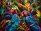 AI generated illustration of a vivid painting of parrots perched side-by-side among lush foliage