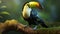 AI generated illustration of a vivid toucan  bird perched atop a sturdy branch