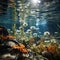 AI generated illustration of a vivid underwater with a variety of daisies and algae
