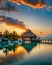 AI generated illustration water villas resort with sunset in hot summer, blue sky