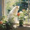AI generated illustration of a watercolor painting of an adorable cat perched in an open window