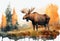 AI generated illustration of a watercolor painting of a moose walking through a tranquil woodland