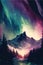 AI generated illustration of a watercolor painting of mountains and forests under the aurora sky