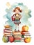 AI generated illustration of a watercolor of a schoolgirl atop a stack of books