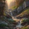 AI generated illustration of a waterfall cascading down green rocks at golden hour