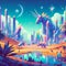 AI generated illustration of whimsical creatures such as unicorns, in an otherworldly landscape