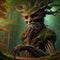 AI generated illustration of a whimsical tree face within a lush forest setting