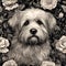 AI generated illustration of a white and black dog standing amongst a vibrant array of flowers