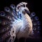 AI generated illustration of a white and blue fluorescent peacock with a fully fanned tail