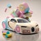 AI generated illustration of a white Bugatti car surrounded by sweets and marshmallows