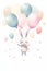 AI generated illustration of a white bunny holding pastel-colored balloons