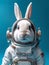 AI generated illustration of a white bunny, wearing a full astronaut suit, against a blue background