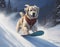 AI generated illustration of a white canine enjoying a winter day of snowboarding