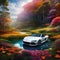 AI generated illustration of a white car parked in a picturesque forest landscape