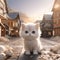 AI generated illustration of a white cat walking down a city street