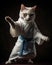 AI generated illustration of a white cat wearing a karate costume and posing