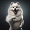 AI generated illustration of a white cute dog stands on a gray background