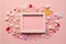 AI-generated illustration of a white frame on the pink background, candies around