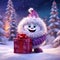 AI generated illustration of a white-furred animal in a snowy landscape, holding a large present