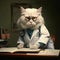 AI generated illustration of A white-furred cat wearing a lab coat and glasses sits at a table