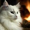 AI generated illustration of a white Norwegian cat relaxing in front of a roaring fireplace