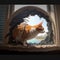 AI generated illustration of a white and orange cat by an ornate fantasy window