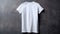 AI-generated illustration of a white plain t-shirt against a dark gray wall, a mockup design.