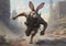 AI generated illustration of a white rabbit wearing a military uniform running down an urban street