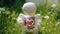 AI generated illustration of a white robotic figure in a field of green grass with a red heart