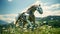 AI generated illustration of a white robotic horse running freely through a lush meadow