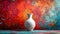 AI generated illustration of a white vase on table in front of vibrant painting