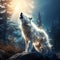 AI generated illustration of a white wolf atop a rocky outcrop with the full moon in the night sky