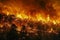 AI-generated illustration of wildfire amidst trees on sloping terrain, flames engulf the landscape