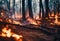 AI generated illustration of a wildfire blazing in a forest, with trees engulfed in flames