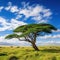 Ai Generated illustration Wildlife Concept of Acacia tree in green grass of Lewa Wildlife Conservancy North Kenya Africa