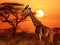 Ai Generated illustration Wildlife Concept of African giraffe eating in sunset