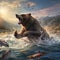 Ai Generated illustration Wildlife Concept of Alaska Brown Grizzly Bear Fishing for Salmon