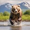 Ai Generated illustration Wildlife Concept of Alaska Brown Grizzly Bear Running Near Creek
