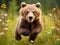 Ai Generated illustration Wildlife Concept of Alaskan brown grizzly bear cub running danger