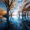 Ai Generated illustration Wildlife Concept of Autumn Trees reflected in blue lake in Fall