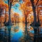 Ai Generated illustration Wildlife Concept of Autumn Trees reflected in blue lake in Fall