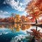 Ai Generated illustration Wildlife Concept of Autumn Trees reflected in blue lake in Fall