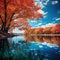 Ai Generated illustration Wildlife Concept of Autumn Trees reflected in blue lake in Fall