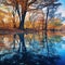 Ai Generated illustration Wildlife Concept of Autumn Trees reflected in blue lake in Fall