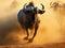Ai Generated illustration Wildlife Concept of Blue wildebeest running in dust