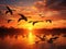 Ai Generated illustration Wildlife Concept of Canadian Geese Fly at Sunset