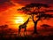 Ai Generated illustration Wildlife Concept of Colourful African Sunrise in a Giraffe South Africa